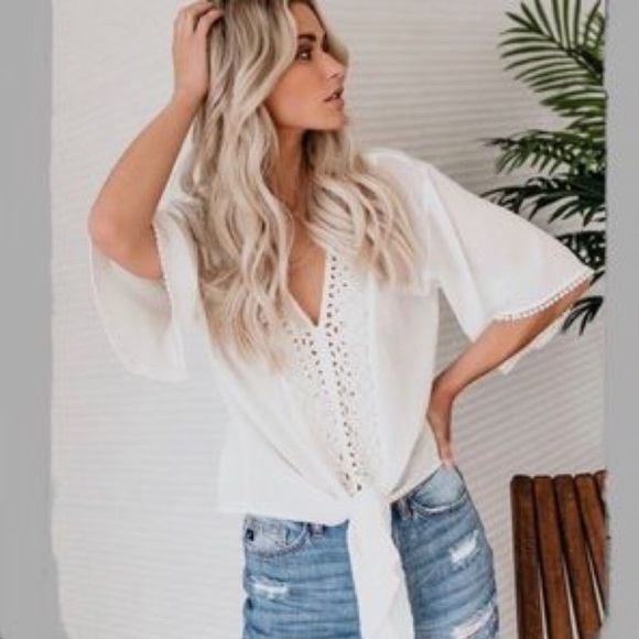 Vici Tops - Vici off White cotton eyelet front tie top